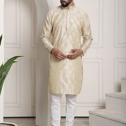SOJANYA Geometric Woven Design Mandarin Collar Jacquard Silk Regular Kurta With Churidar image 4
