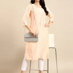 SHOWOFF Women Peach-Coloured Solid Calf Length  Embellished Regular Kurta image 5