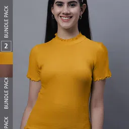 FBAR Pack Of 2 High Neck Bio Washed Pure Cotton Ribbed Tops-picture-27