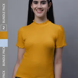 FBAR Pack Of 2 Ribbed High Neck Fitted Cotton Tops-picture-24