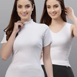 Friskers Pack Of 2 Women White Solid V-Neck Fitted Tops-picture-42