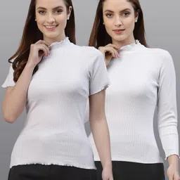 Friskers Pack Of 2 Women White Solid Cotton High Neck Fitted Tops-picture-40