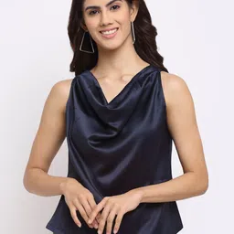 NEUDIS Navy Blue Cowl Neck Sheen Satin Top-picture-11