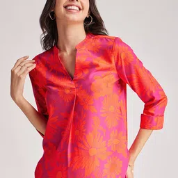 FableStreet Floral Printed Mandarin Collar Pleated Detail Top image 1
