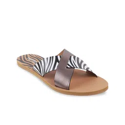 Metro Women Grey Striped Open Toe Flats with Laser Cuts image 1