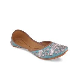 Fulkari Women Turquoise Blue & Silver-Toned Embellished Leather Mojaris-picture-32