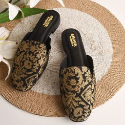Anouk Women Black & Gold Toned Woven Design Fabric Mules-picture-35