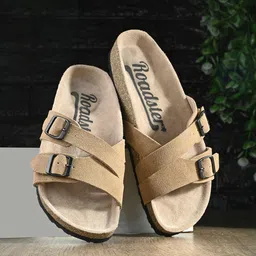 The Roadster Lifestyle Co. Beige Buckled Leather Open Toe Flats-image-0