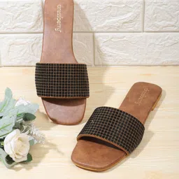 DressBerry Beige & Brown Embellished Open Toe Flats-image-26