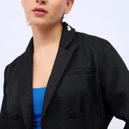Styli Self Design Notched Lapel Double Breasted Tweed Blazer image 2