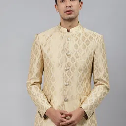 MANQ Men Gold Toned Self-Design Slim Fit Bandhgala Blazer-picture-1