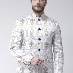 Hangup Men White & Yellow Printed Bandhgala Blazers-picture-18