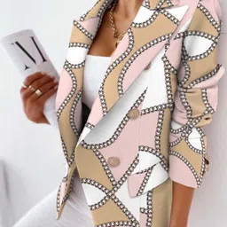 StyleCast Beige Printed Notched Lapel Collar Double-Breasted Blazers image 2