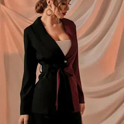 BAESD Colourblocked Tie-Up Detail Shawl Collar Regular Fit Single Breasted Blazer image 2