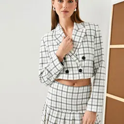 Koton Checked Peaked Lapel Collar Double-Breasted Cropped Blazer image 5