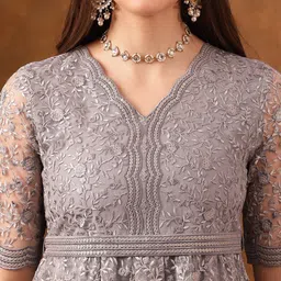 Anouk Grey Floral Embroidered Empire A-Line Sequinned Kurti with Palazzos image 2
