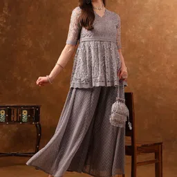 Anouk Grey Floral Embroidered Empire A-Line Sequinned Kurti with Palazzos image 3