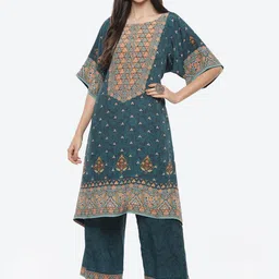 Biba Women Teal Green & Orange Ethnic Motifs Printed Kurta with Palazzos-image-71
