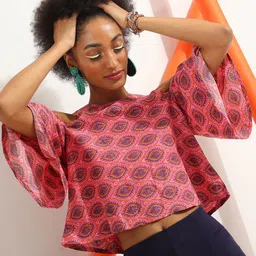 Veni Vidi Vici Ethnic Motifs Printed Cold-Shoulder Sleeves Crop Top image 3