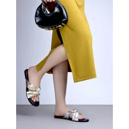 Shoetopia Cross Strap Suede Gold Flats image 2