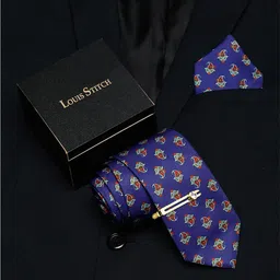 LOUIS STITCH Men Italian Silk Necktie & Pocket Square with Golden Tie pin image 1
