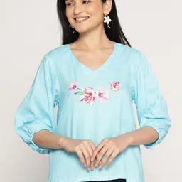 LetsDressUp Floral Printed V-Neck Puff Sleeves High-Low Top image 2