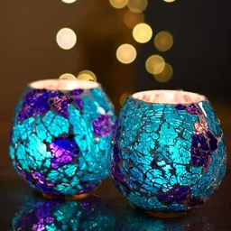 Homesake Set of 2 Turquoise Blue & White Textured Crystal Butterfly Decorative Glass Candle Holder-image-10