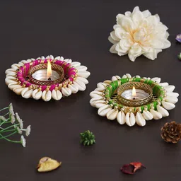 eCraftIndia Gold Toned & Green 2 Pcs Candle Holder image 2