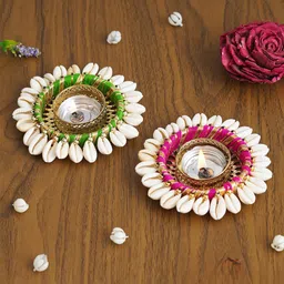 eCraftIndia Gold Toned & Green 2 Pcs Candle Holder image 4