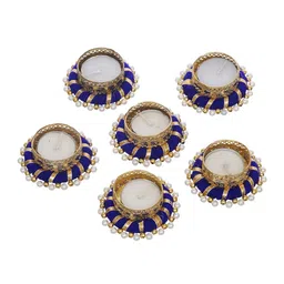 eCraftIndia Blue & Gold Toned 6 Pieces Textured Round Shaped Metal Candle Holders image 5