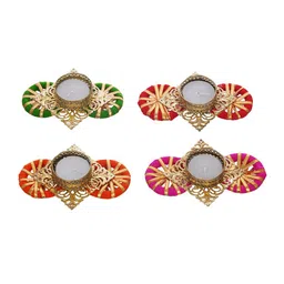 eCraftIndia Gold Toned & Red 4 Pieces Textured Metal Candle Holders image 5