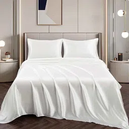 coolbeds Ivory Solid 400 TC Satin Queen Fitted Bedsheet with 2 Satin Pillow covers image 3