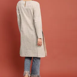Taavi Women Off-White & Grey Woven Legacy A-Line Sustainable Kurta with Pockets image 3