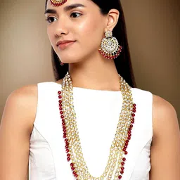 Peora Gold-Toned & Maroon Traditional Designer Kundan Jewellery Set-image-9