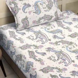 FABINALIV Blue & White Ethnic Motifs  Printed 300 TC Single Bedsheet With 1 Pillow Cover image 3