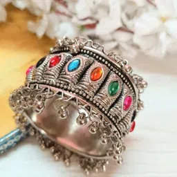 PRASUB Silver Plated Oxidised Kundan Studded Bangle-picture-42