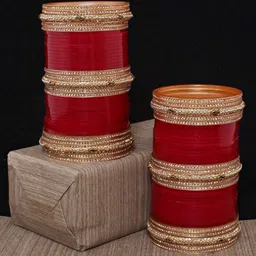 LUCKY JEWELLERY Women Gold-Plated Maroon & White Stone Studded Punjabi Chuda Bangles Set-picture-43
