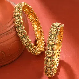 Yellow Chimes Set Of 2 Gold Plated Stones Studded Traditional Temple Bangles-picture-22