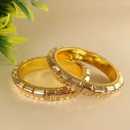 ZULKA Pack of 2 Golden Brass Metal With Zircon Diamonds & White Moti Bangles Set-image-87