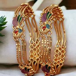 LUCKY JEWELLERY Set Of 2 Gold-Plated Peacock Designed Meenakari  Bangles-picture-28