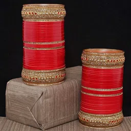 LUCKY JEWELLERY Red CZ Stone-Studded Punjabi Chuda Bridal Wedding Bangle Set-picture-36