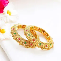 FEMMIBELLA Set Of 2 Gold-Plated Stone-Studded & Beaded Bangles-picture-14