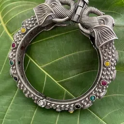 Digital Dress Room Silver-Plated Stone-Studded Oxidised Elephant Design Bangle-image-25