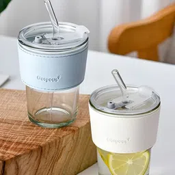 WELOUR White & Blue 2 Pieces Glass Cups With Straw image 5