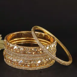 ZULKA Pack of 6 Golden Zircon Diamond & Kundan Brass Metal Bangle Set image 2