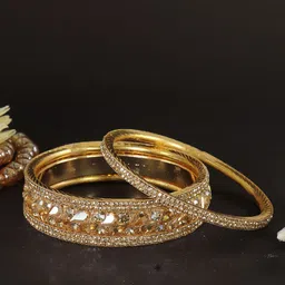 ZULKA Pack of 6 Golden Zircon Diamond & Kundan Brass Metal Bangle Set image 4