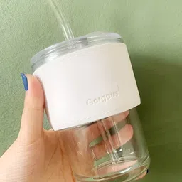 WELOUR White & Blue 2 Pieces Glass Cups With Straw image 3