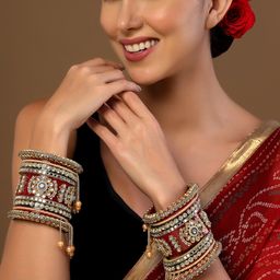 PANASH Set Of 18 Gold-Plated Stone-Studded & Pearls-Beaded Bangles-picture-42