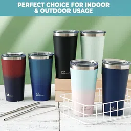 The Better Home Maroon & Blue Stainless Steel Sipper Water Bottle With Straw & Lid 450 ml image 4
