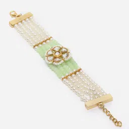 Sanjog Gold-Plated Pearl & Kundan AD Studded Green Multistrand Bracelets image 4